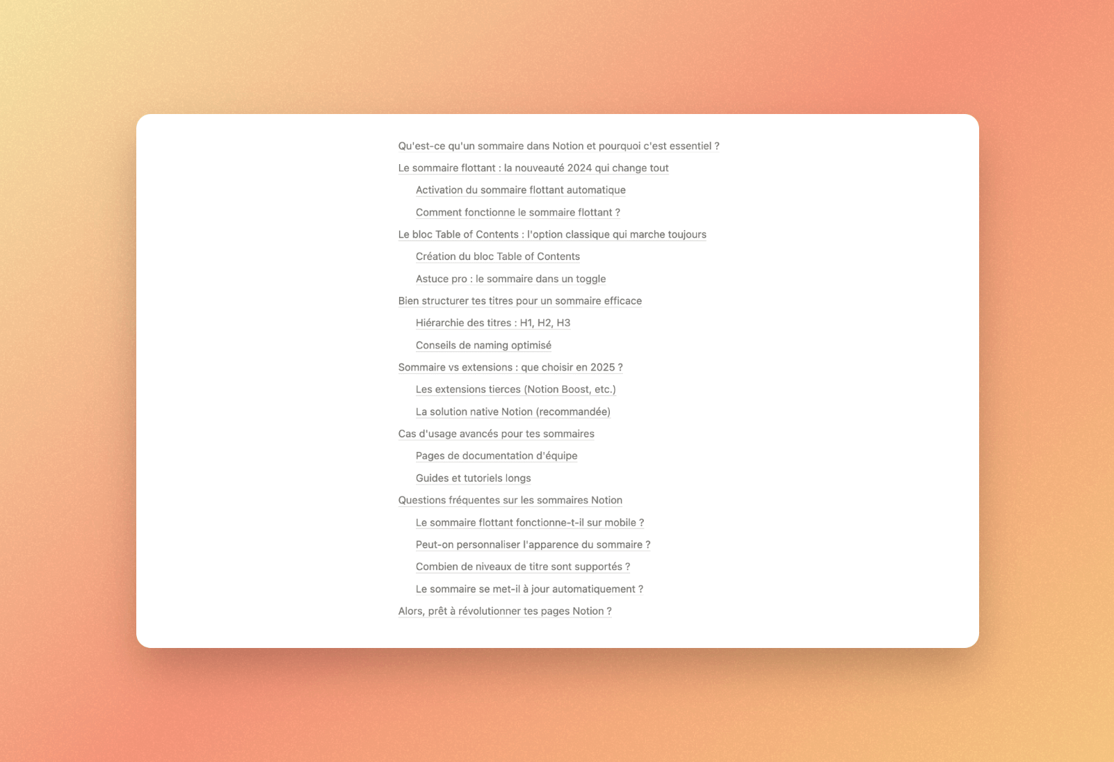 Le bloc “Table of Contents” ou table des matières de Notion