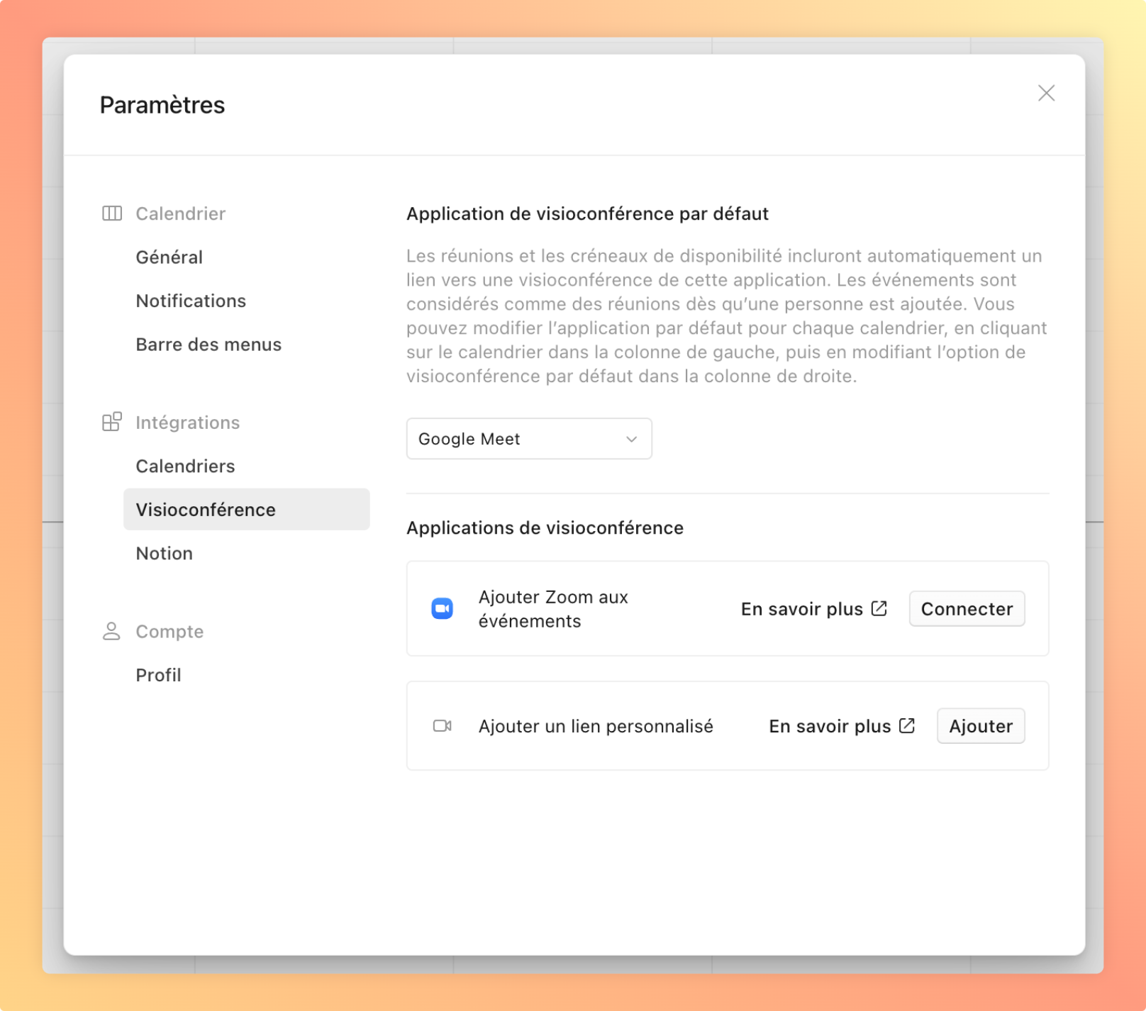 L’interface de configuration de Notion Calendar